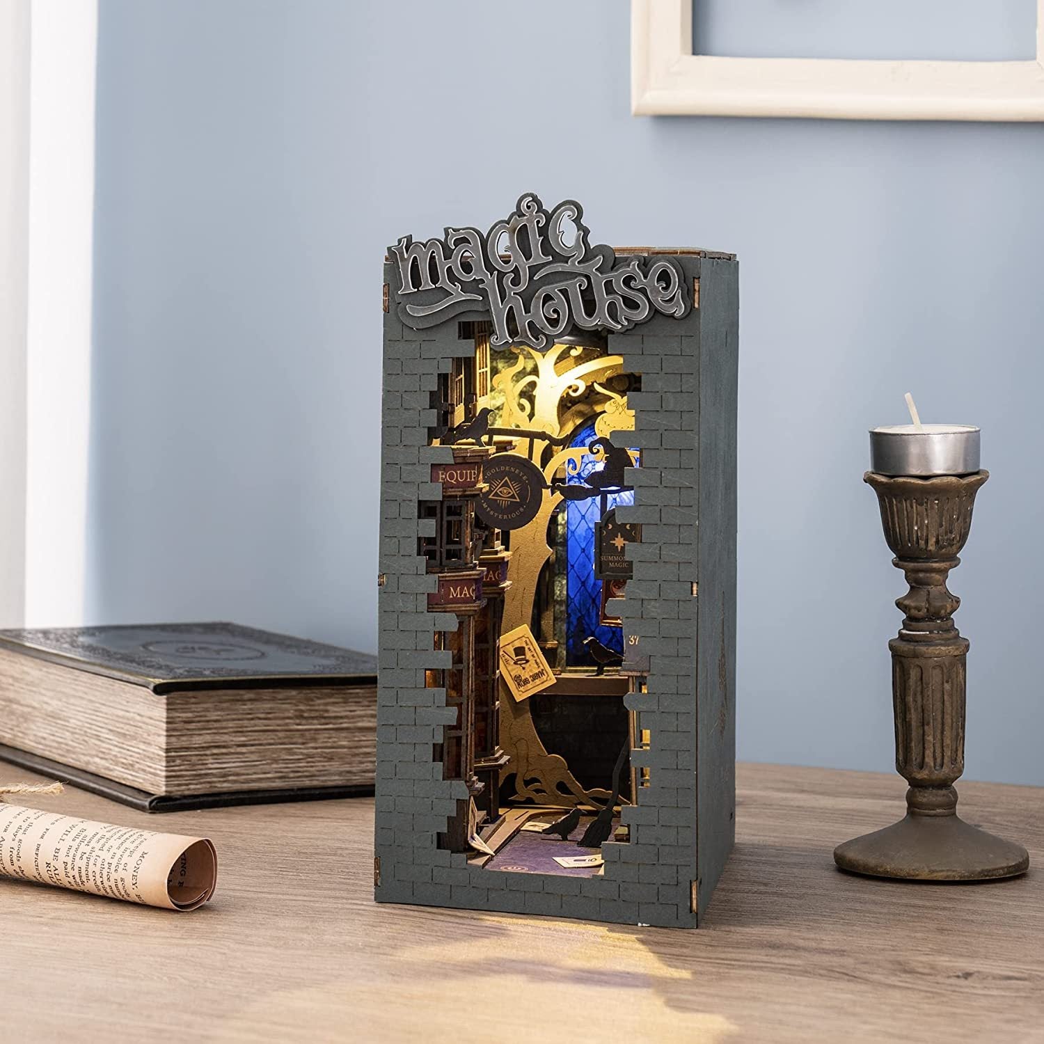 Enter a realm of enchantment with this DIY book nook! Build your own mystical alley and watch your imagination cast its midnight spell.

Pieces: 216
Assembly Time: ~4 hours
Difficulty Level: ⭐⭐⭐⭐
Assembled Size: H: 7.1″ (18cm) × W: 4.3″ (11cm) × D: 9.4″ (24cm)