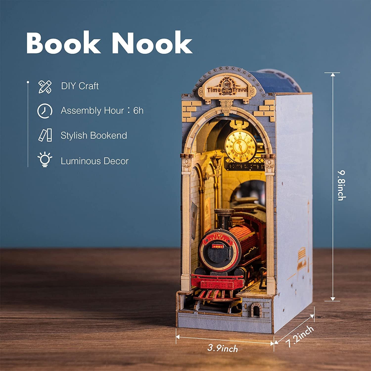 Embark on a journey through time with this DIY book nook! Build your own miniature scene and add a unique, eye-catching decoration to your bookshelf.

Pieces: 258
Assembly Time: ~4 hours
Difficulty Level: ⭐⭐⭐⭐
Assembled Size: H: 7.2″ (18.4cm) × W: 3.9″ (9.8cm) × D: 9.8″ (25cm